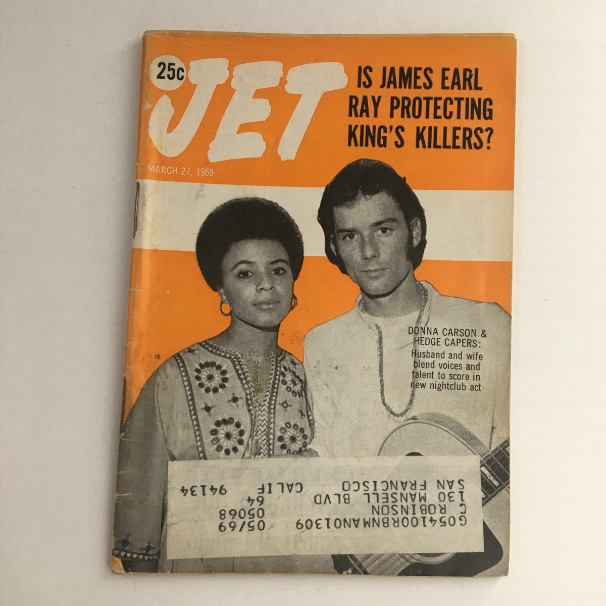 Cover of Jet Magazine March 27 1969 featuring husband and wife duo Donna Carson and Hedge Capers with text about their new nightclub act.