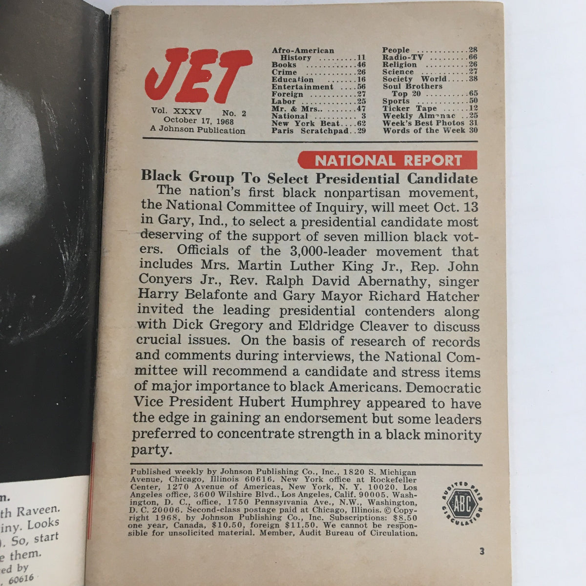 Inside page of Jet Magazine from October 17, 1968, featuring articles and topics including the national report on the first black nonpartisan movement, highlighting significant figures in African American history, and cultural commentary relevant to that era.