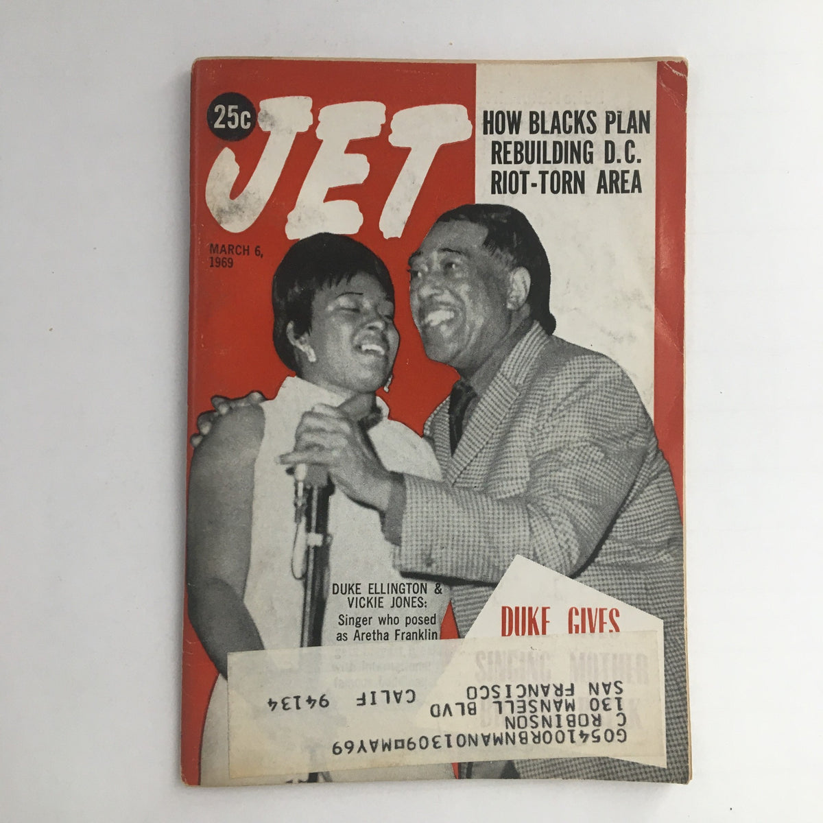 Cover of Jet Magazine from March 6, 1969, featuring Duke Ellington and singer Vickie Jones, highlighting their significant musical careers.