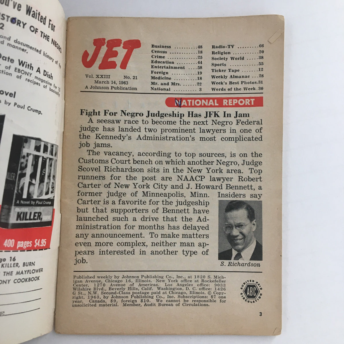 Interior page of Jet Magazine March 14 1963, detailing significant articles including the fight for Negro judgeship during the Kennedy administration.