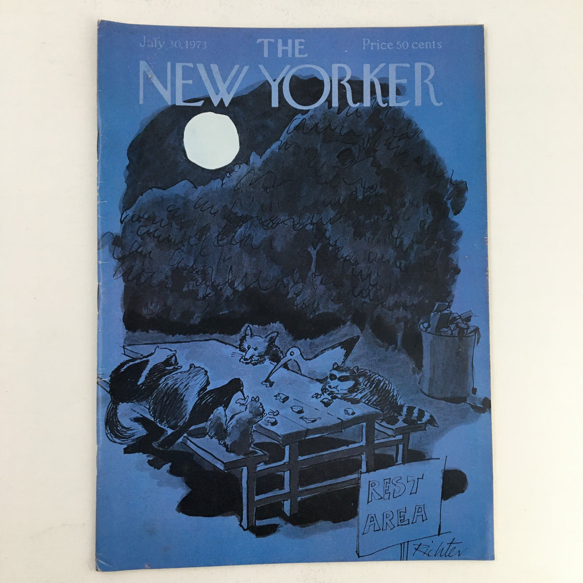 The New Yorker July 30 1973 full magazine cover featuring a nighttime scene with animals around a table under the moonlight, illustrated by Mischa Richter.