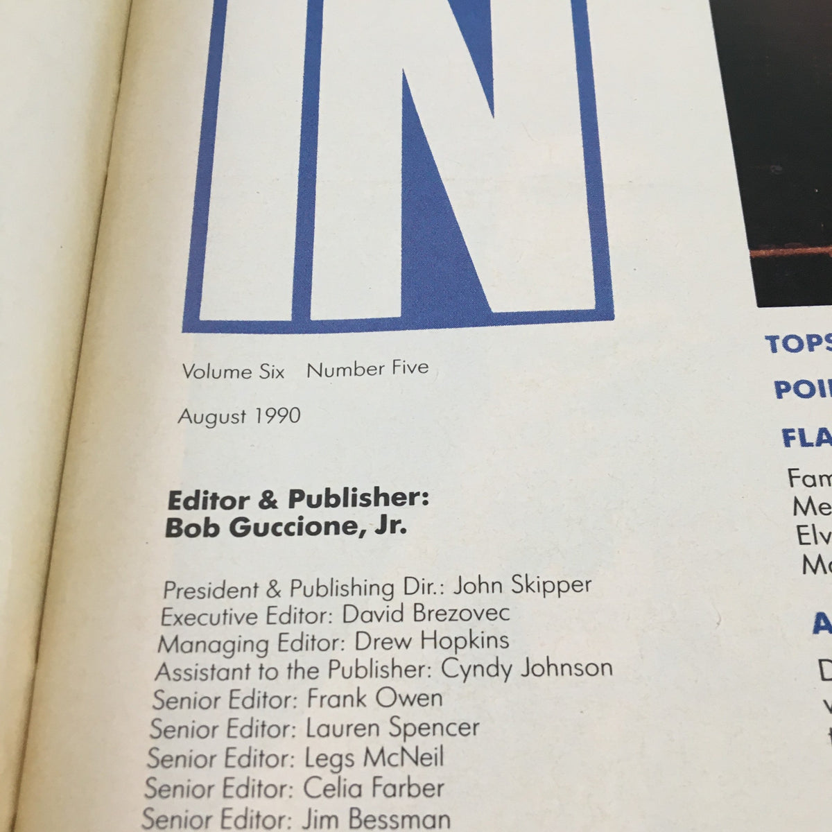 Inside page of Spin Magazine Vol 6 #5 August 1990, featuring editorial credits, highlighting the editor and publisher Bob Guccione, Jr., alongside other key editorial staff.