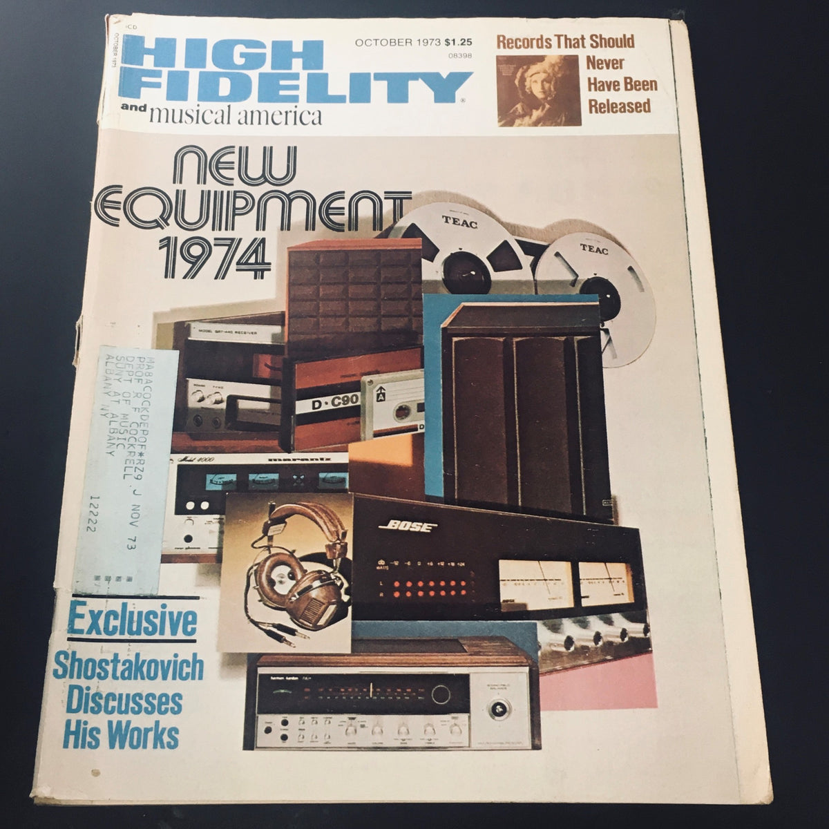 Cover of VTG High Fidelity Magazine October 1973 featuring new audio equipment and an exclusive interview with Dmitri Shostakovich discussing his works.