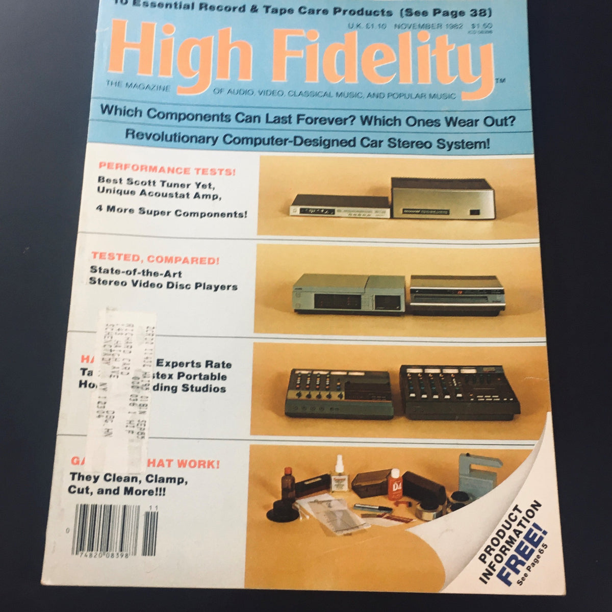 Cover of the VTG High Fidelity Magazine from November 1982 featuring articles on computer-designed car stereo systems, audio technology, and performance tests. The magazine showcases vintage audio equipment and is a collectible item for enthusiasts.