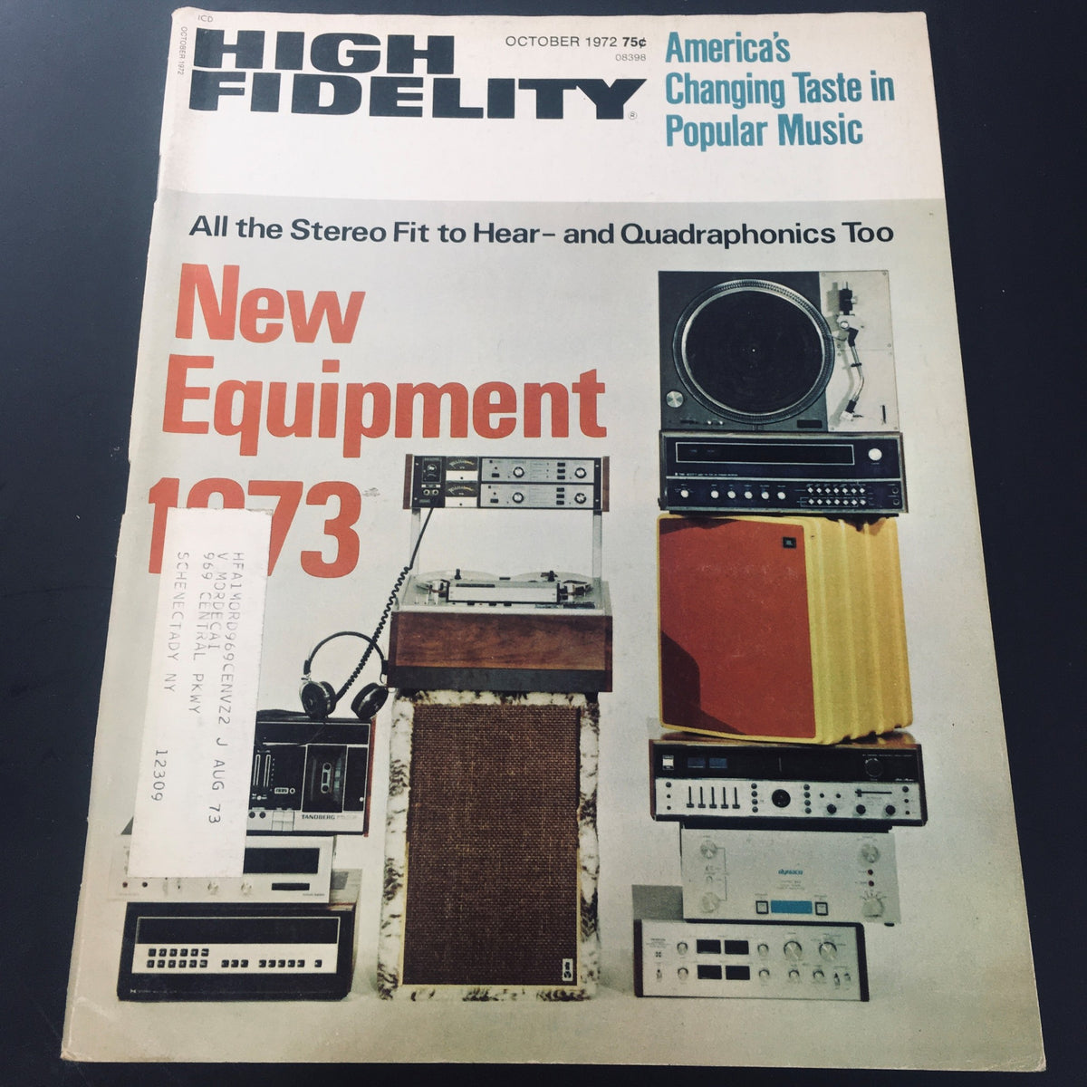 Cover of VTG High Fidelity Magazine from October 1972 featuring 'New Equipment of the Year 1973'. The magazine showcases vintage audio equipment on display including turntables, speakers, and stereo systems, capturing the essence of early 1970s music technology.