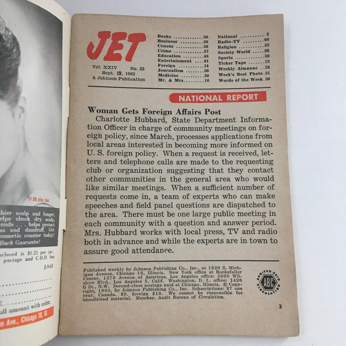 Inside page of Jet Magazine from September 19 1963, displaying a national report and editorial content related to the historical context of the time.