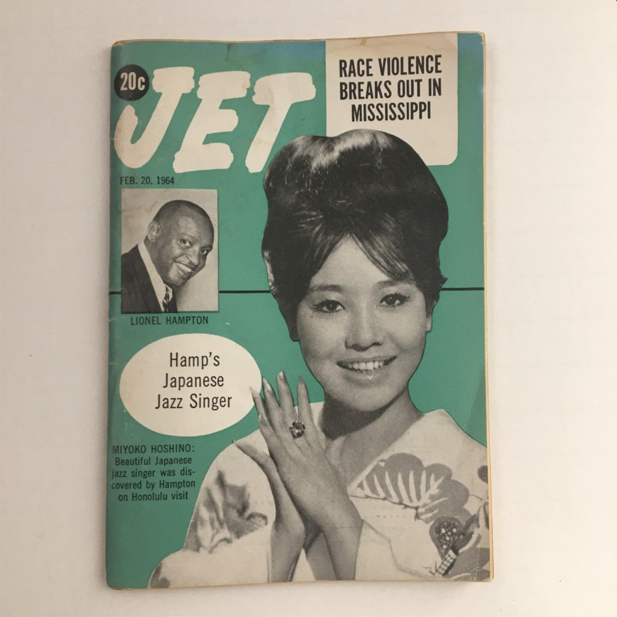 Cover of Jet Magazine February 20, 1964 featuring Lionel Hampton and Miyoko Hoshino, with the headline on race violence in Mississippi.