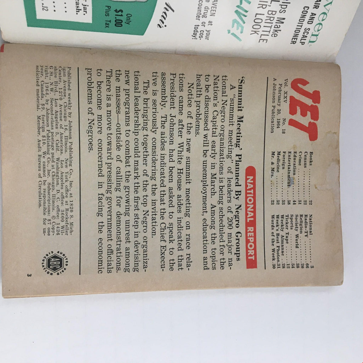 Interior page from Jet Magazine February 20, 1964 showing national report topics, including unemployment and education issues facing the African American community.