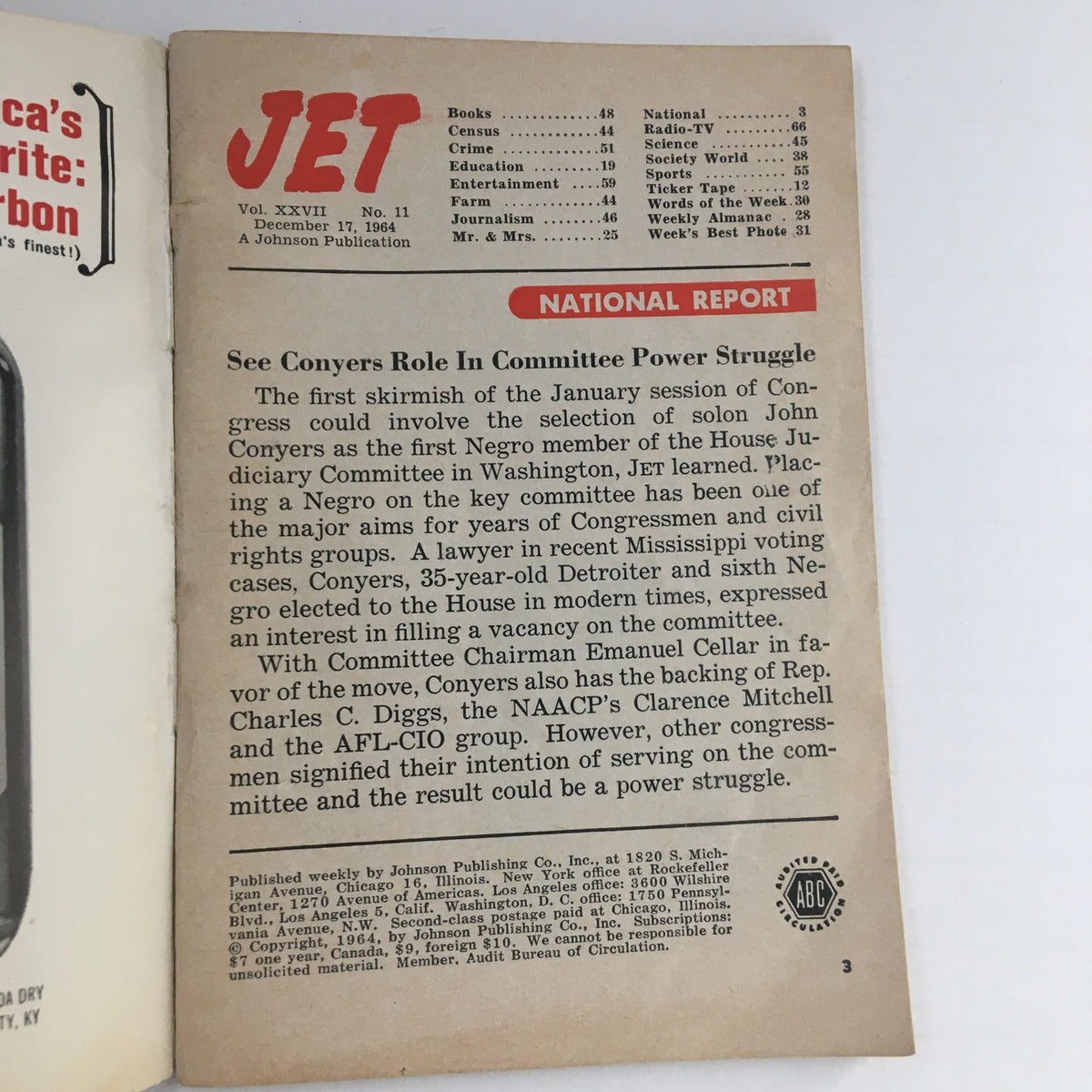 Interior page of Jet Magazine, December 17, 1964, featuring a National Report segment discussing John Conyers' role in Congress, highlighting significant themes from the era.