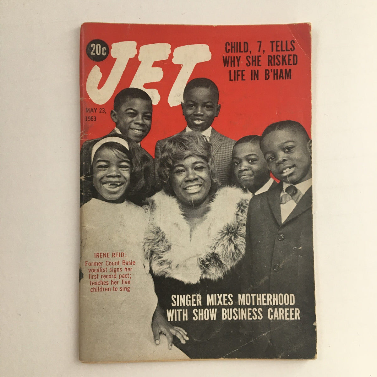 Cover of Jet Magazine from May 23, 1963 featuring singer Irene Reid with children, emphasizing her dual role as a mother and a performer. Vintage collectible magazine highlighting influential figures of the era.