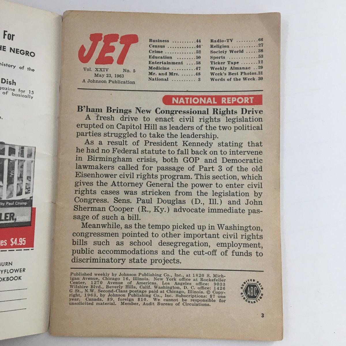 Interior page of Jet Magazine May 23, 1963, featuring articles including a report on the civil rights movement and community issues of the time.