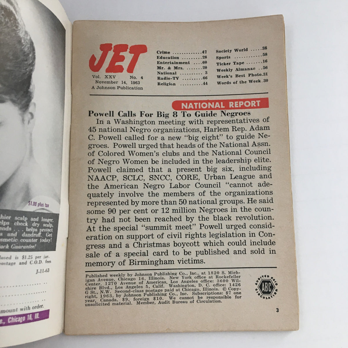 Inside page of Jet Magazine from November 14, 1963 featuring article highlights including national report on civil rights and call for leadership among African American organizations.