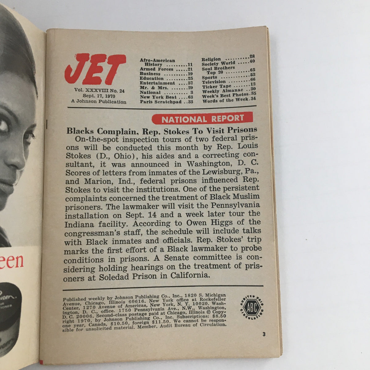 Interior page of Jet Magazine from September 17, 1970, providing news report details including a story about Rep. Stokes visiting federal prisons.