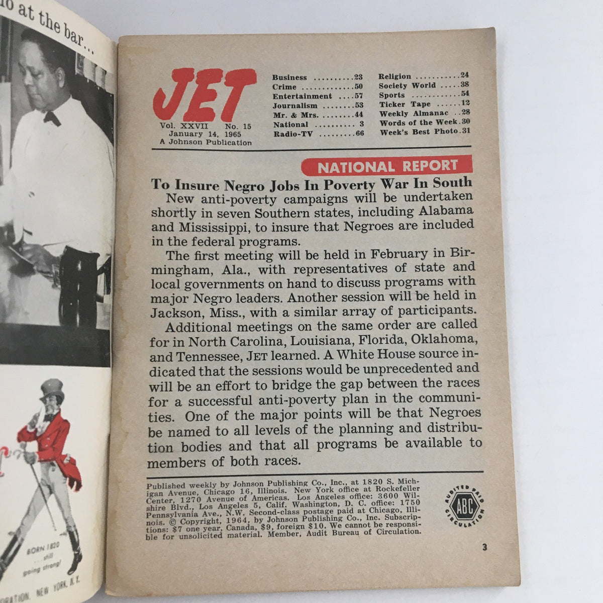 Inside page of Jet Magazine January 14, 1965 showing an article layout, with a focus on social issues related to poverty and employment for Negroes.