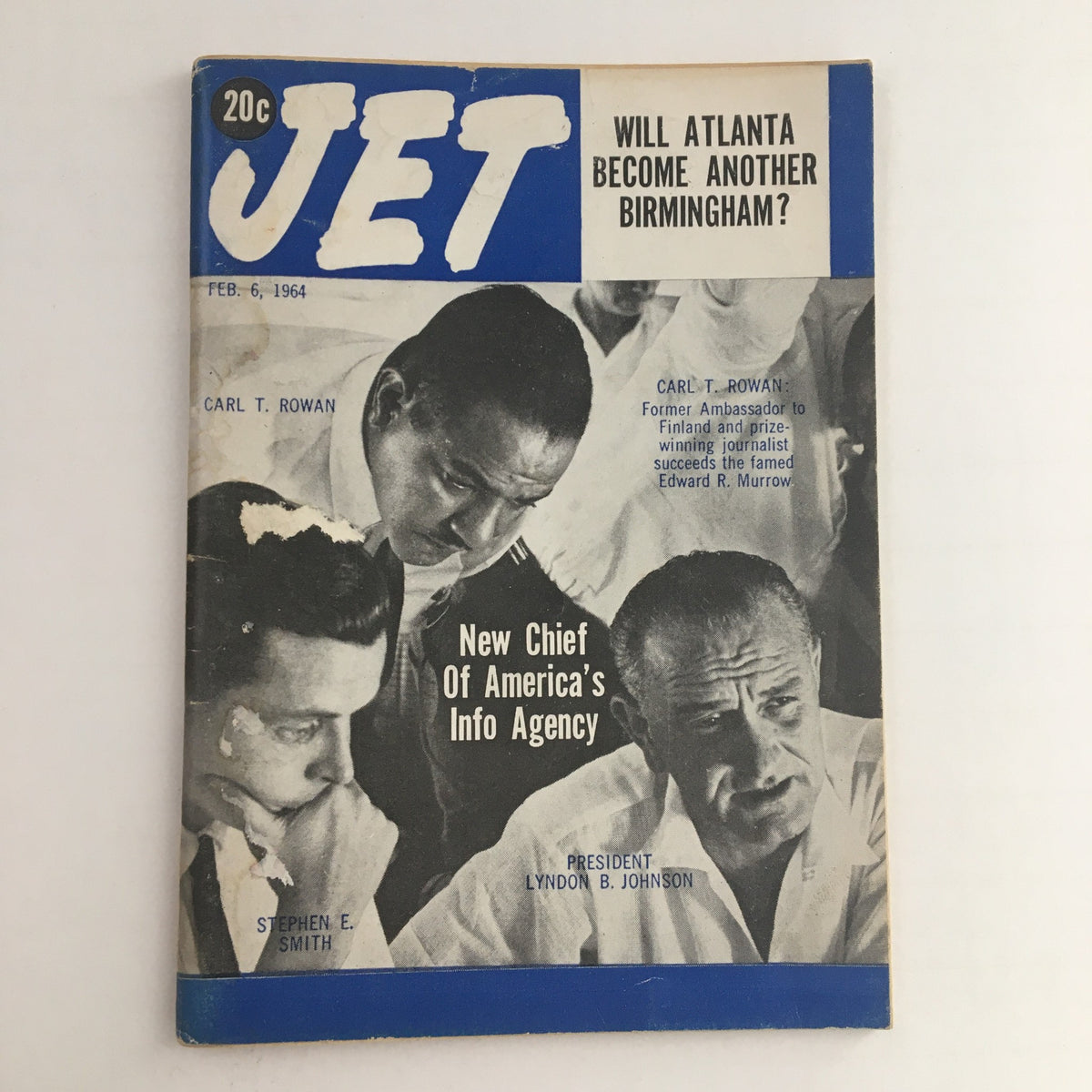 Cover of Jet Magazine dated February 6, 1964, featuring President Lyndon B. Johnson and journalist Carl T. Rowan, alongside a headline discussing Atlanta's role in civil rights. This historical magazine captures pivotal moments from the 1960s.