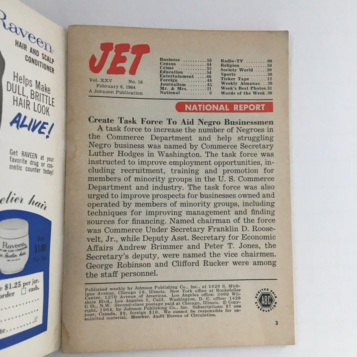 Inside page of Jet Magazine February 6, 1964, showcasing a national report on the creation of a task force to aid Negro businessmen.