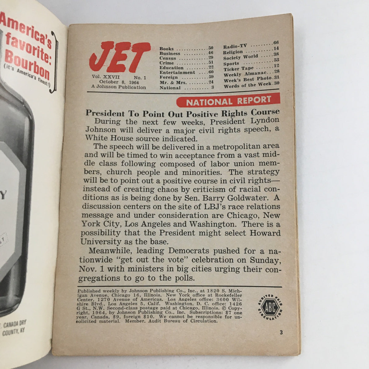 Page from Jet Magazine dated October 8, 1964 featuring an article about President Lyndon Johnson's civil rights speech, alongside the title 'Jet Magazine October 8 1964 Model Kathy Miller at Ebony Fashion Fair'.