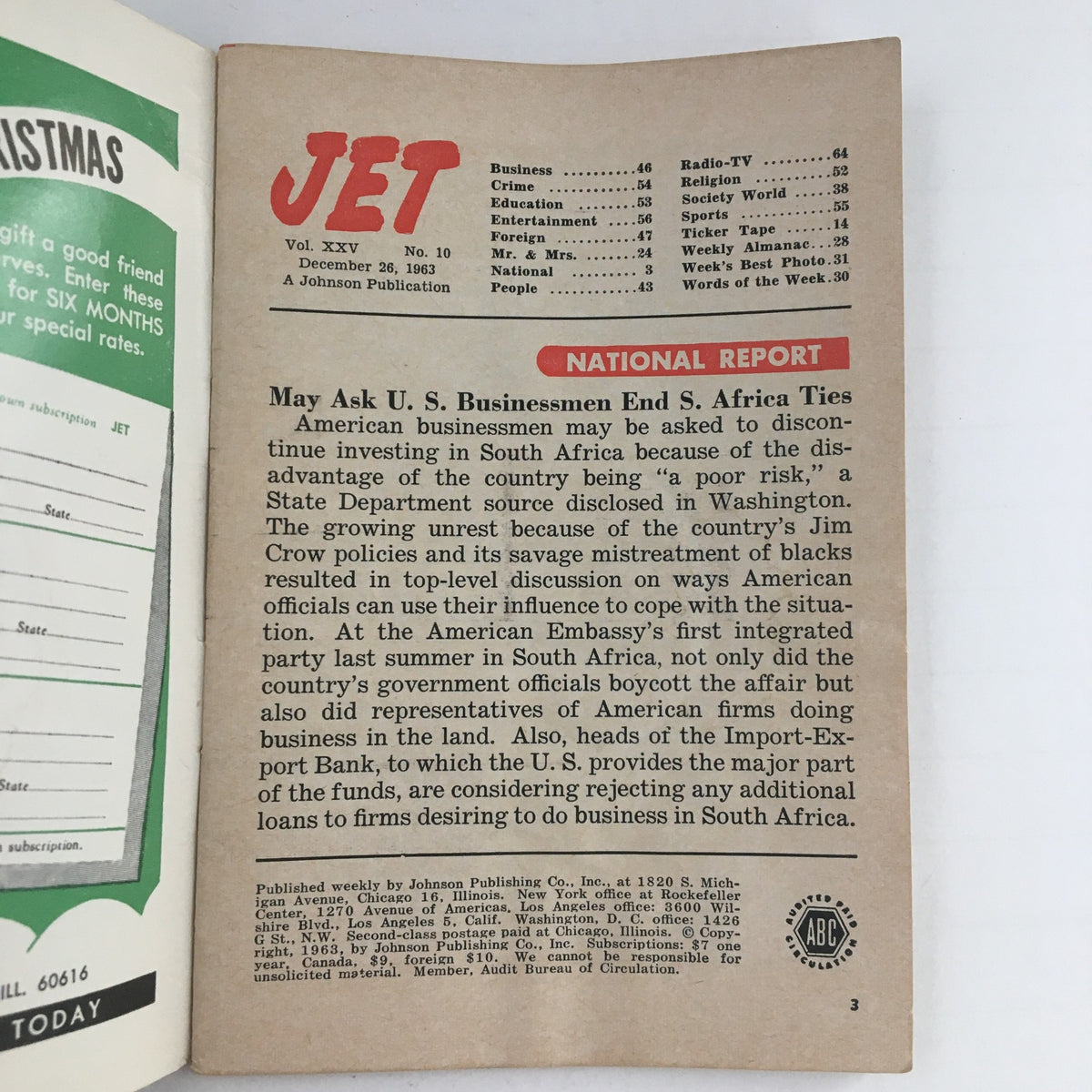 Inside page of Jet Magazine December 26, 1963, showcasing articles and content relevant to African American life and culture.