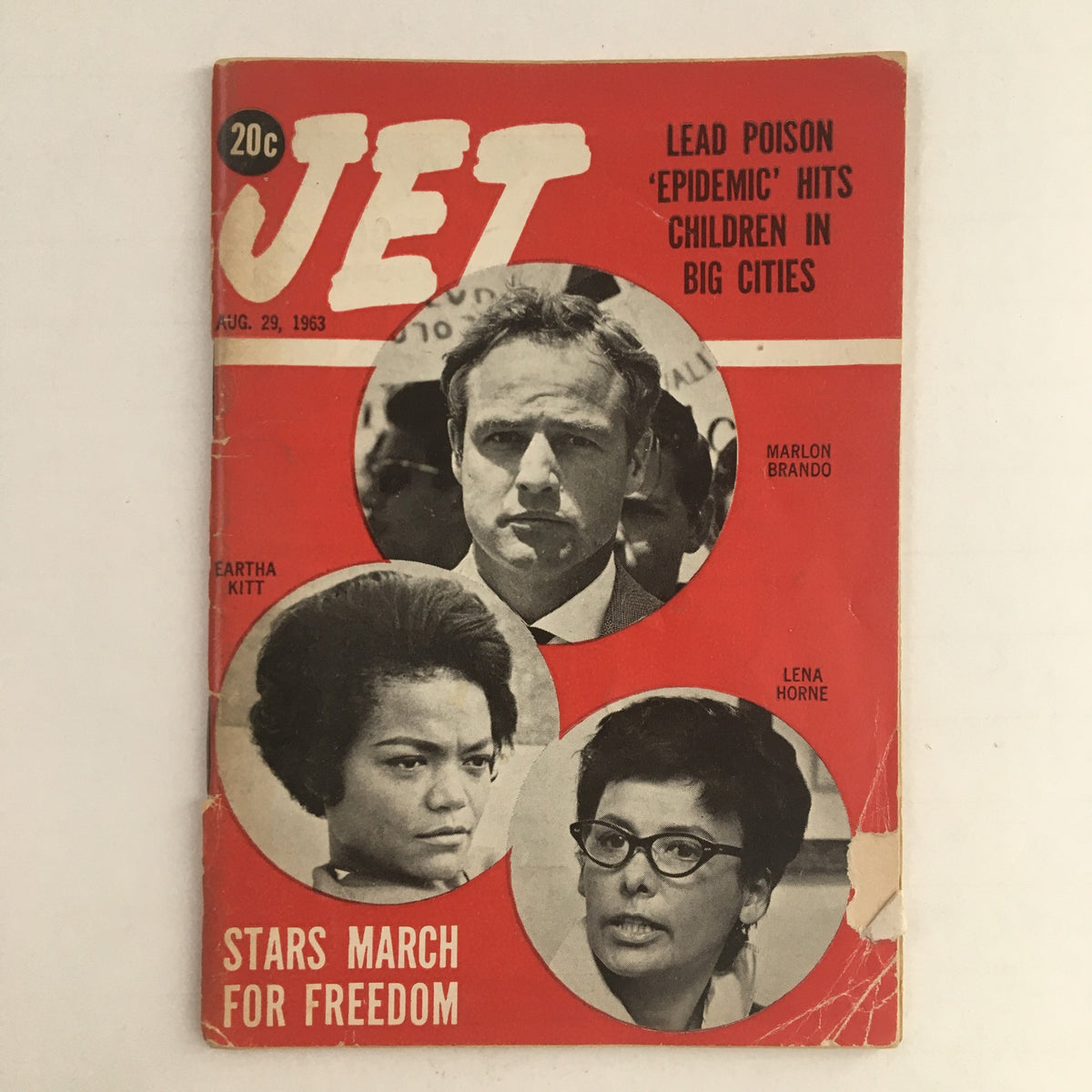 Cover of Jet Magazine August 29, 1963 featuring Marlon Brando, Lena Horne, and Eartha Kitt, highlighting 'Lead Poison Epidemic' and 'Stars March for Freedom'.