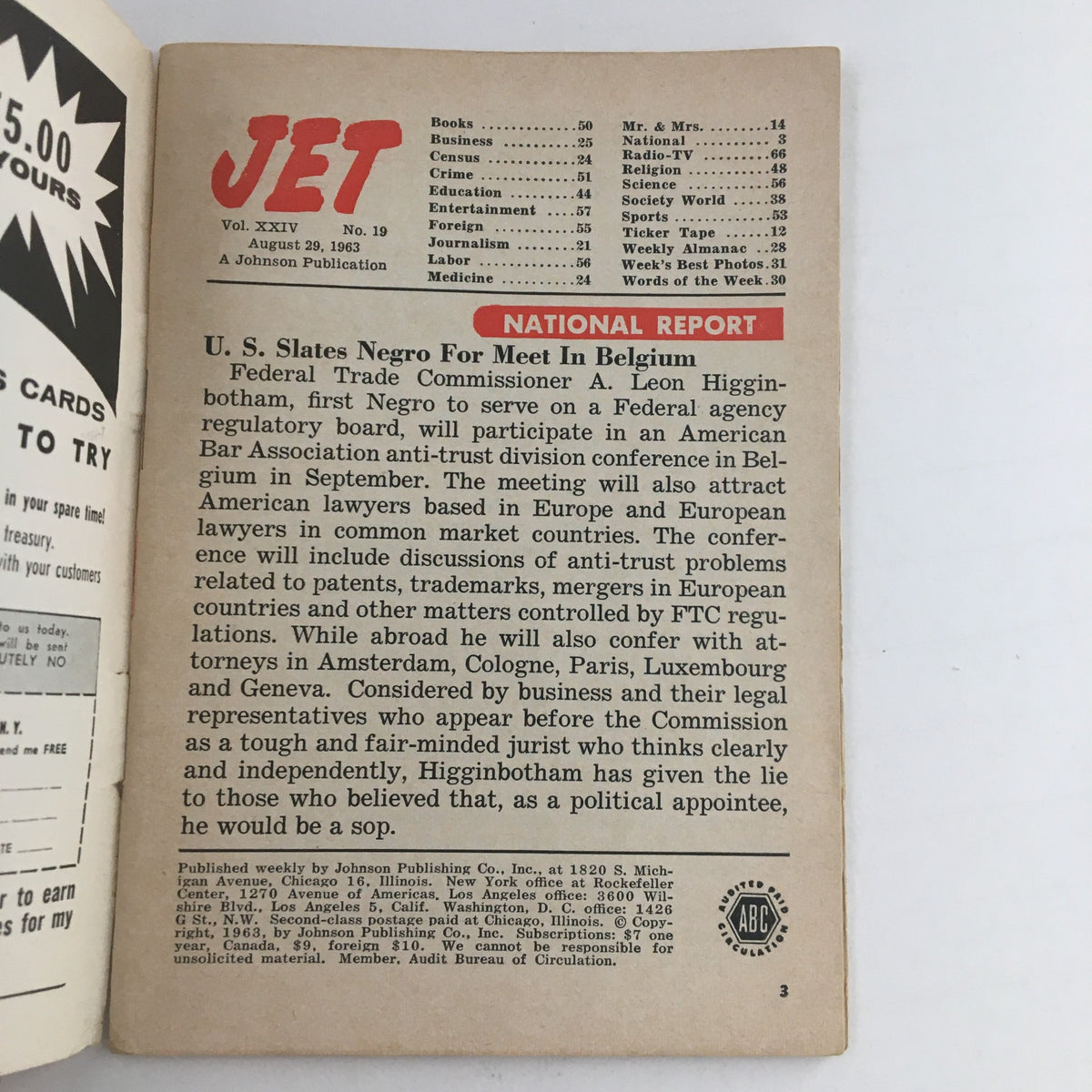 Inside page of Jet Magazine August 29, 1963 with publication details and articles including a National Report.