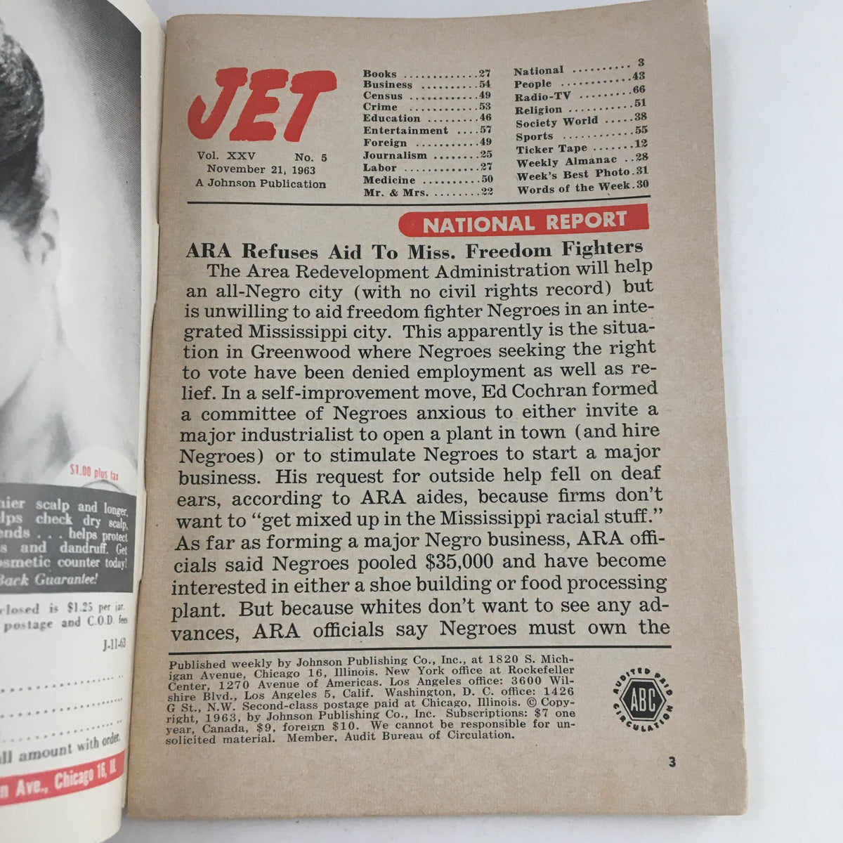 Internal page of Jet Magazine November 21 1963 showcasing articles and topics relevant to the African American community.