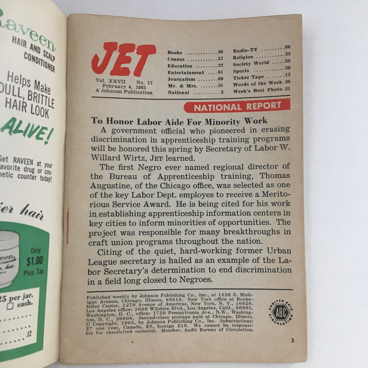Inside page of Jet Magazine February 4, 1965 featuring articles and updates including a National Report on labor aides for minority work.