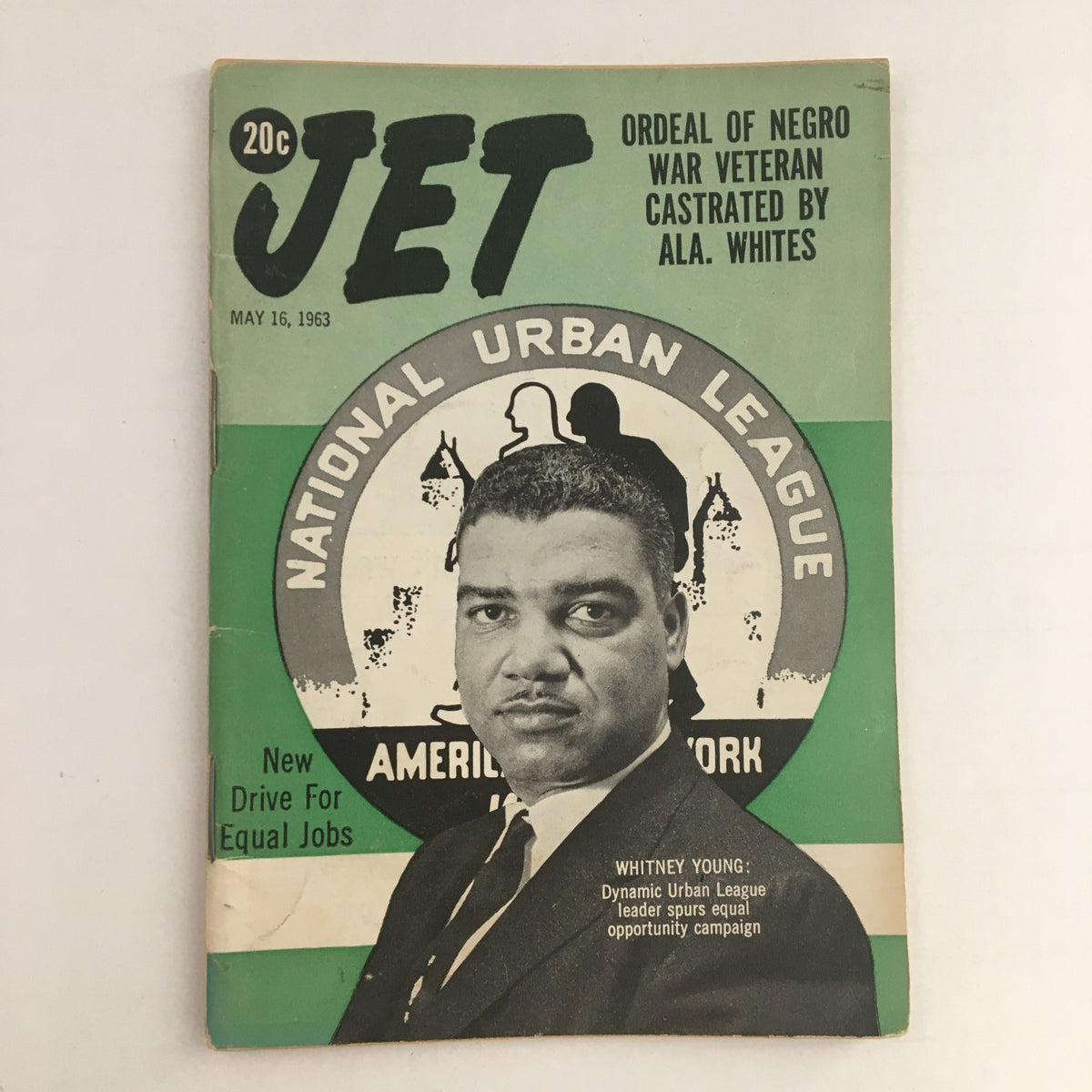 Cover of Jet Magazine May 16 1963 featuring dynamic Urban League leader Whitney Young, highlighting initiatives for equal job opportunities and important civil rights themes.