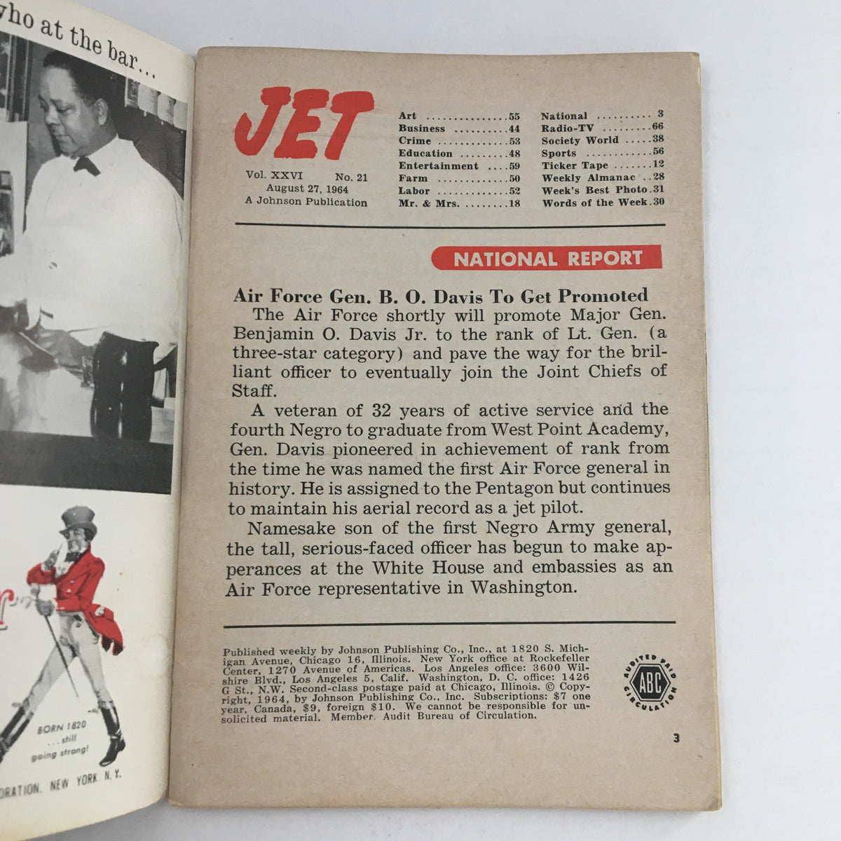 Inside page of Jet Magazine dated August 27, 1964 showcasing the National Report section, featuring an article about Air Force Gen. B. O. Davis Jr.'s promotion.
