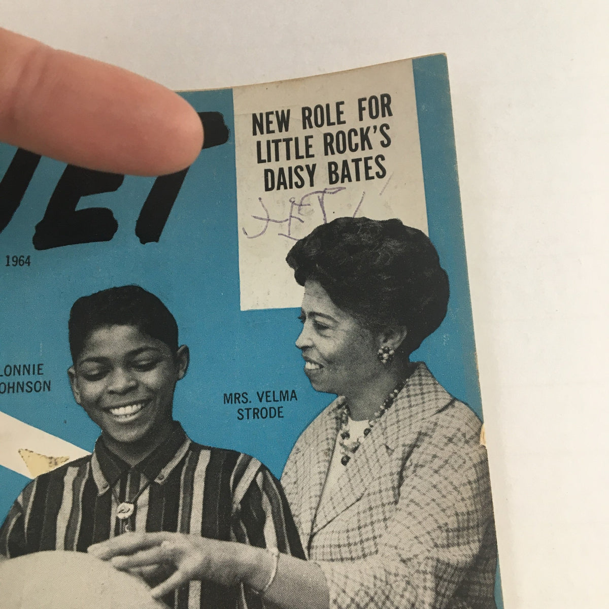 Close-up of the Jet Magazine cover from April 2 1964, highlighting Lonnie Johnson and Mrs. Velma Strode with significant headlines including 'New Role for Little Rock's Daisy Bates'.