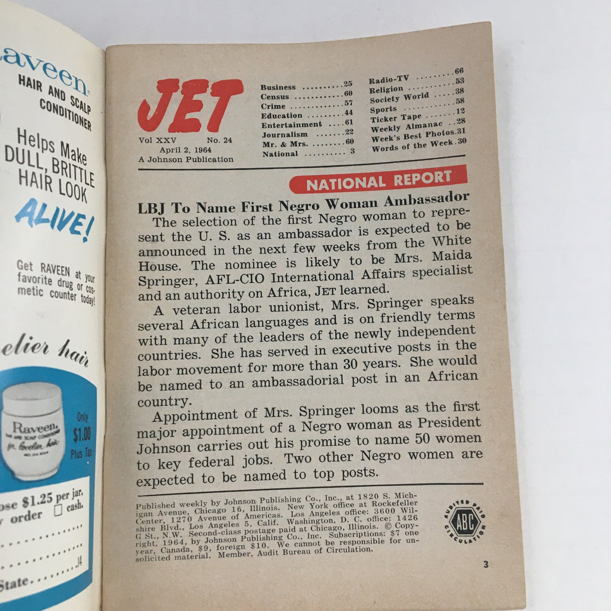 Inside page of Jet Magazine April 2 1964, presenting a national report about the appointment of the first Negro woman ambassador, with relevant article headings and layout.