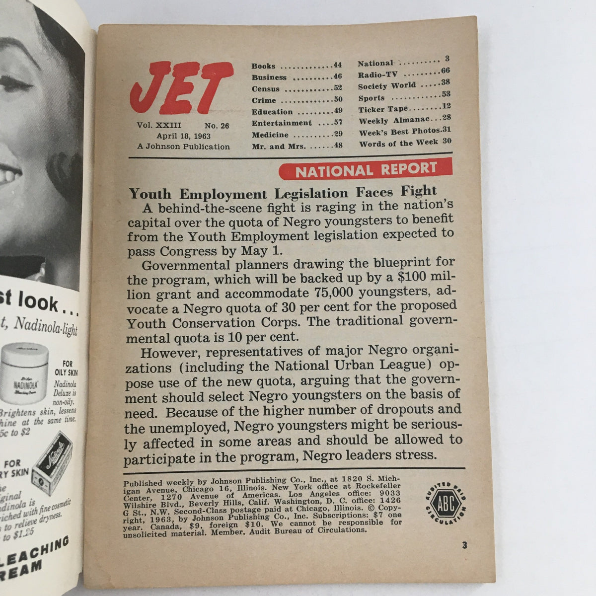Inside page of Jet Magazine April 18 1963 showcasing articles, including a national report on youth employment legislation, within the context of civil rights.