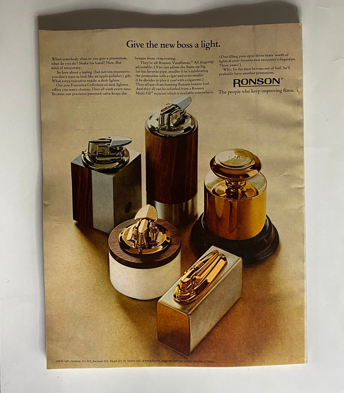 Vintage advertisement showcasing Ronson lighters, with various elegant designs and finishes, from the VTG Esquire Magazine November 1967 No. 408 The Svetlana Papers.