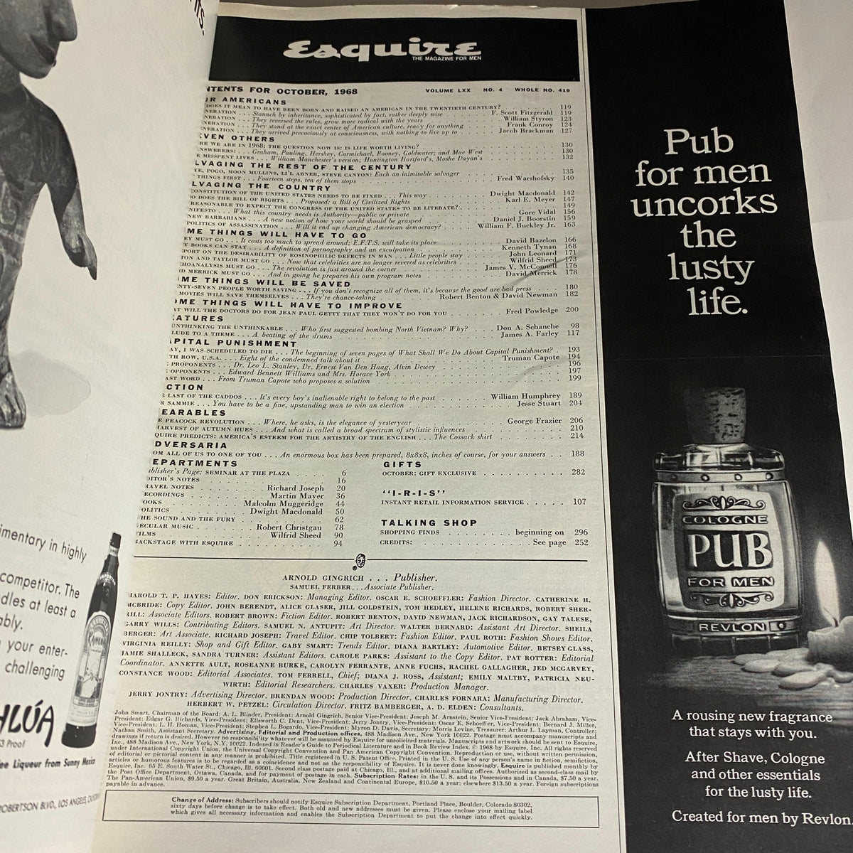 Table of contents from VTG Esquire Magazine October 1968, presenting articles and features from a significant cultural period.