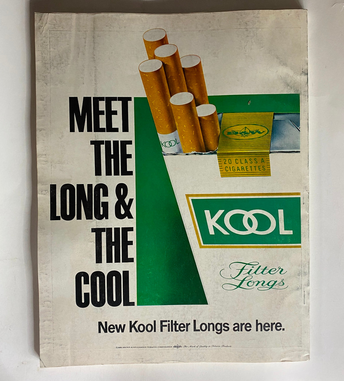 Vintage advertisement for Kool Filter Longs cigarettes from VTG Esquire Magazine October 1968, showcasing the product design.