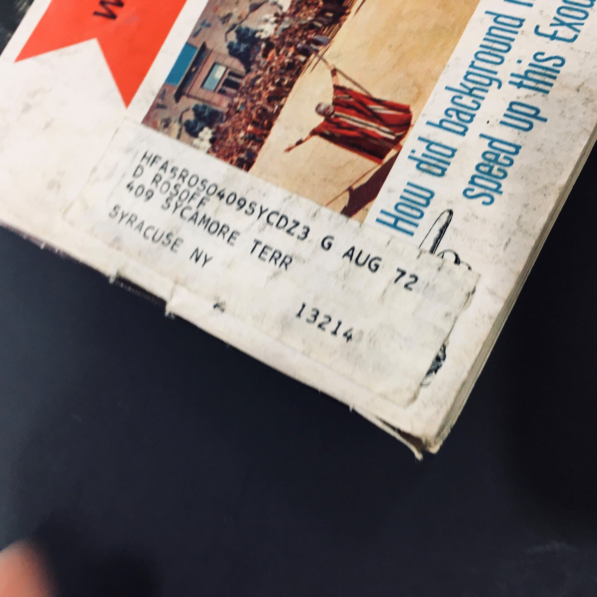 Close-up of the address label on the Vintage High Fidelity Magazine from July 1972, featuring details from its previous owner, showcasing the magazine's authenticity and history.