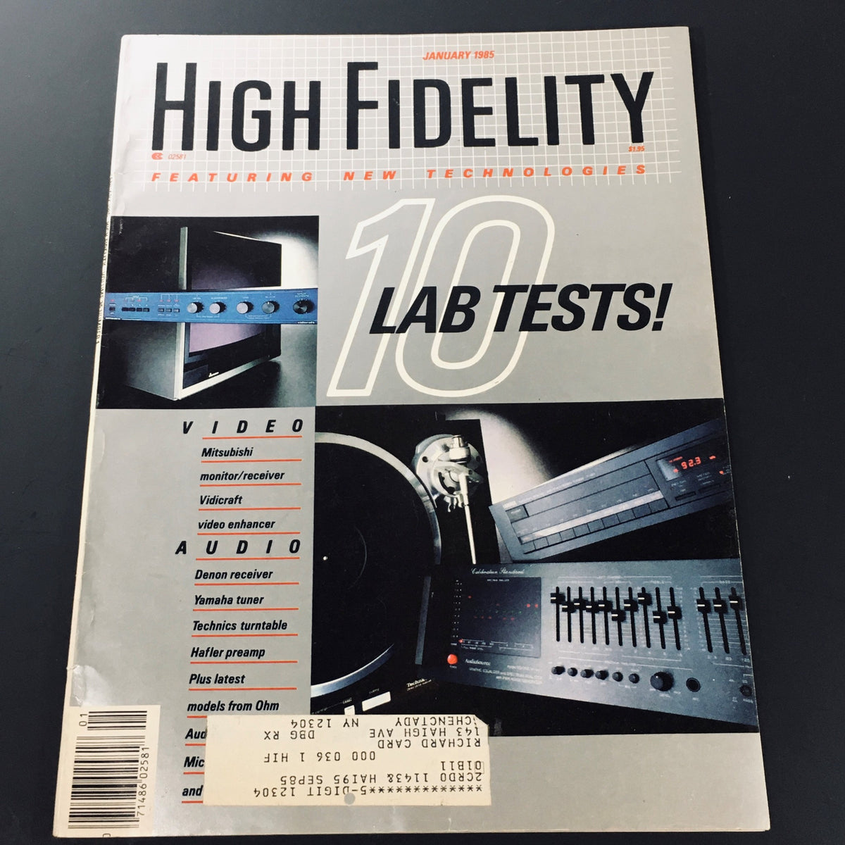 Cover of the January 1985 issue of High Fidelity Magazine featuring Mitsubishi Monitor and Receiver, showcasing audio and video technology innovations with '10 Lab Tests' highlighted.