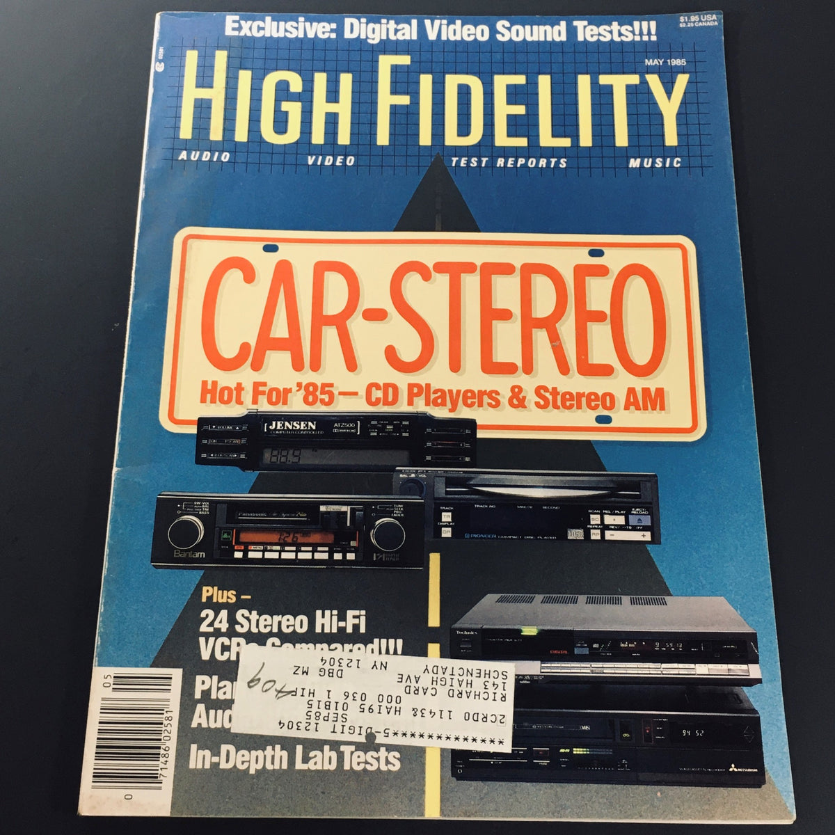 Cover of VTG High Fidelity Magazine May 1985 featuring a prominent headline on car stereos, showcasing CD players and stereo technology popular in 1985. The cover highlights key audio innovations and products from that era.