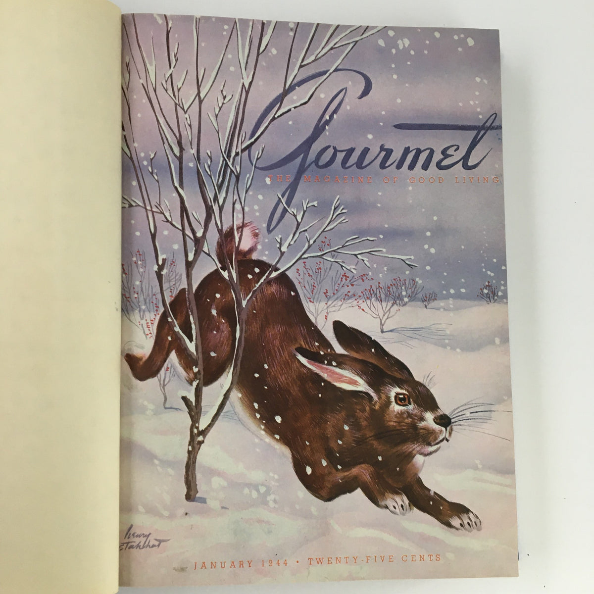 Gourmet The Magazine of Good Living, Vol 4, January to December 1944, featuring the illustrated cover of the January 1944 issue with a rabbit in a snowy landscape.
