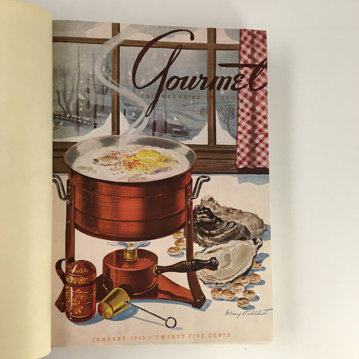 Front cover of the January 1945 issue of "Gourmet: The Magazine of Good Living," featuring a winter cooking scene with a pot and food.