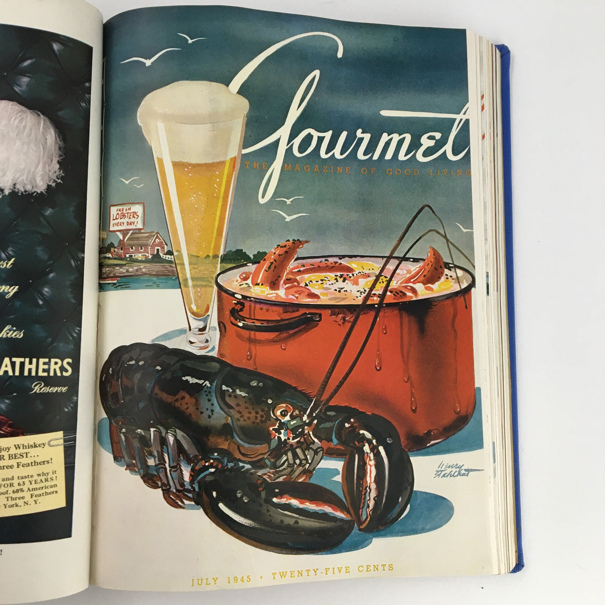 Gourmet: The Magazine of Good Living, July 1945 edition showcasing a lobster dish alongside a beer, highlighting culinary themes of summer.