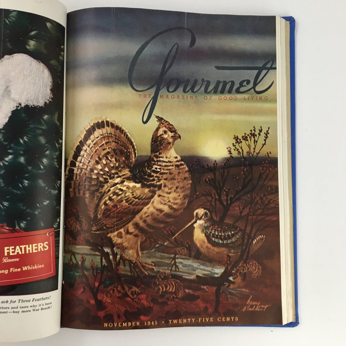 Gourmet: The Magazine of Good Living, November 1945 edition featuring a beautifully illustrated scene with a quail and nature, reflecting autumn themes.