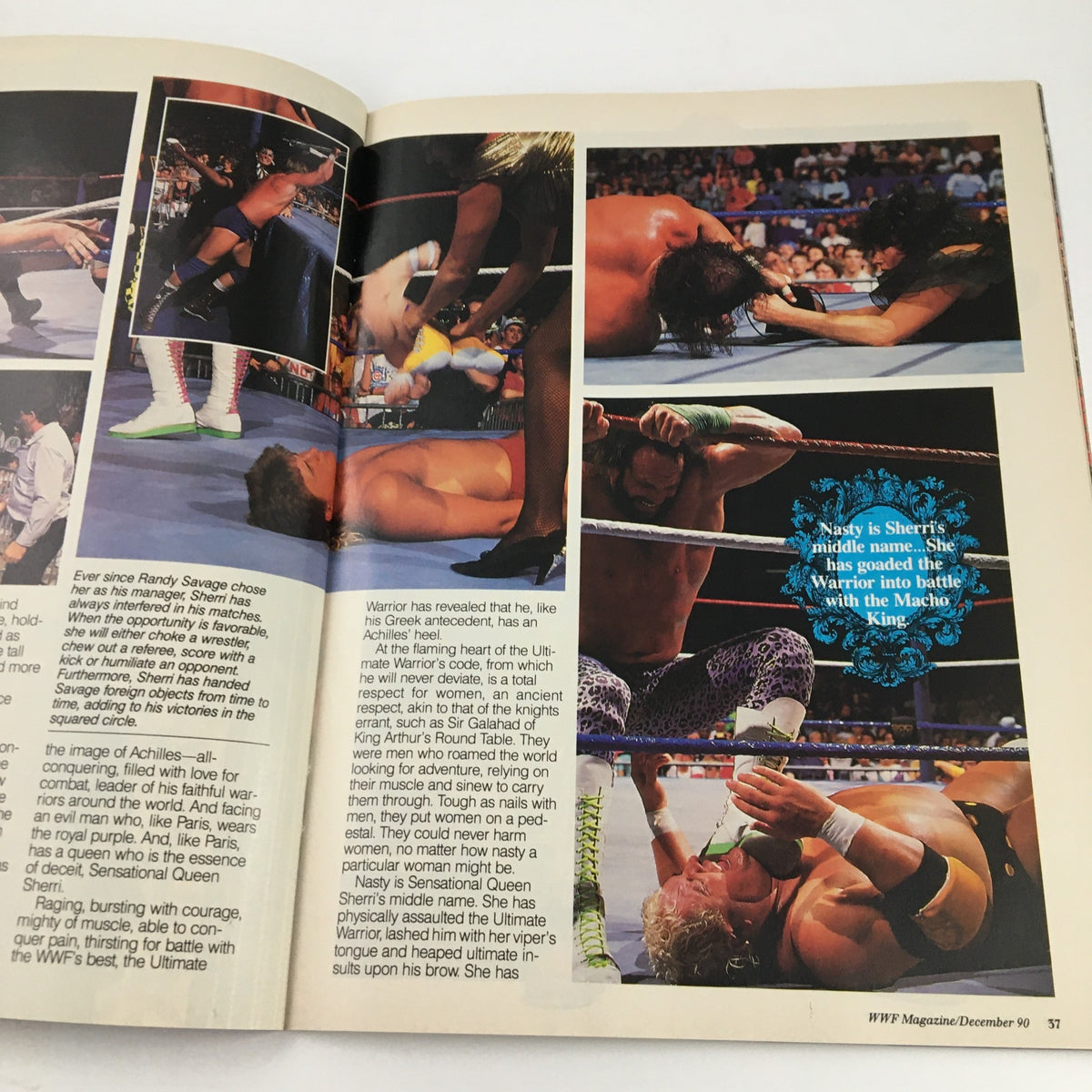 WWF Magazine December 1990 featuring iconic wrestling moments including Randy Savage and Sensational Queen Sherri, showcasing classic wrestling action on magazine pages.