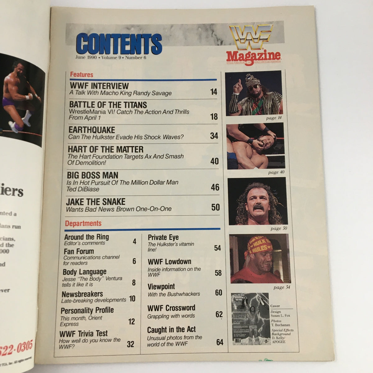 Contents page of WWF Magazine June 1990 detailing features including interviews, WrestleMania VI results, and articles on wrestling personalities.