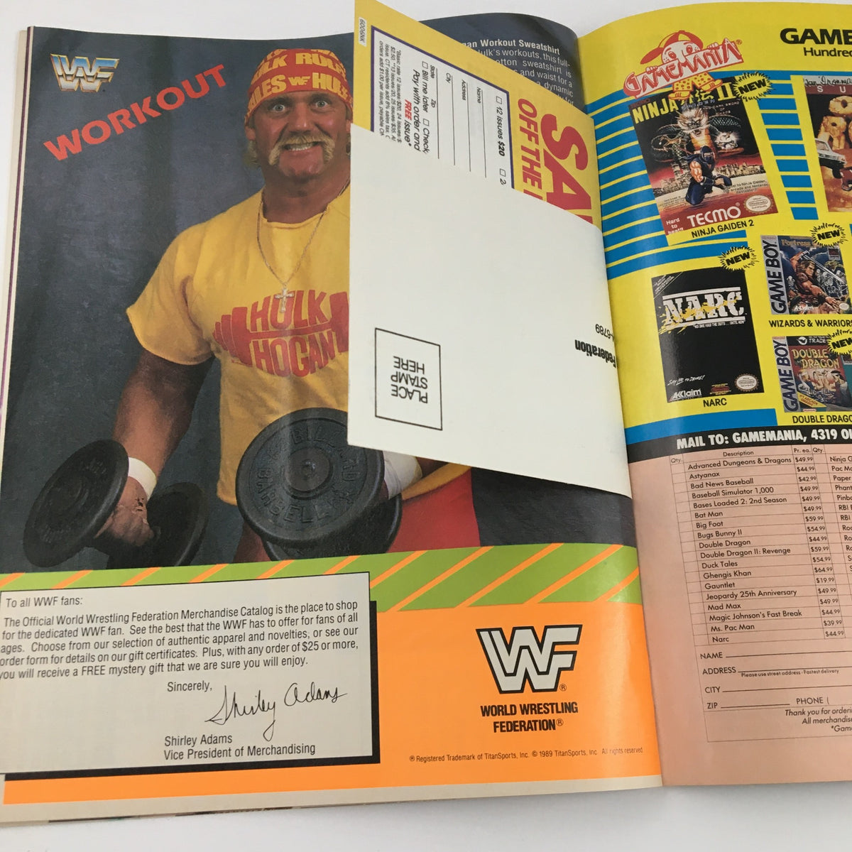 WWF Magazine June 1990 advertisement page featuring Hulk Hogan promoting a workout program and merchandise.