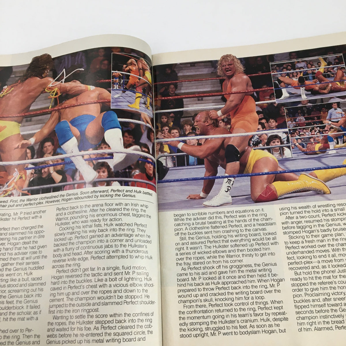 Action shots from WWF Magazine April 1990 depicting a wrestling match between Hulk Hogan and The Genius, highlighting classic wrestling moves.