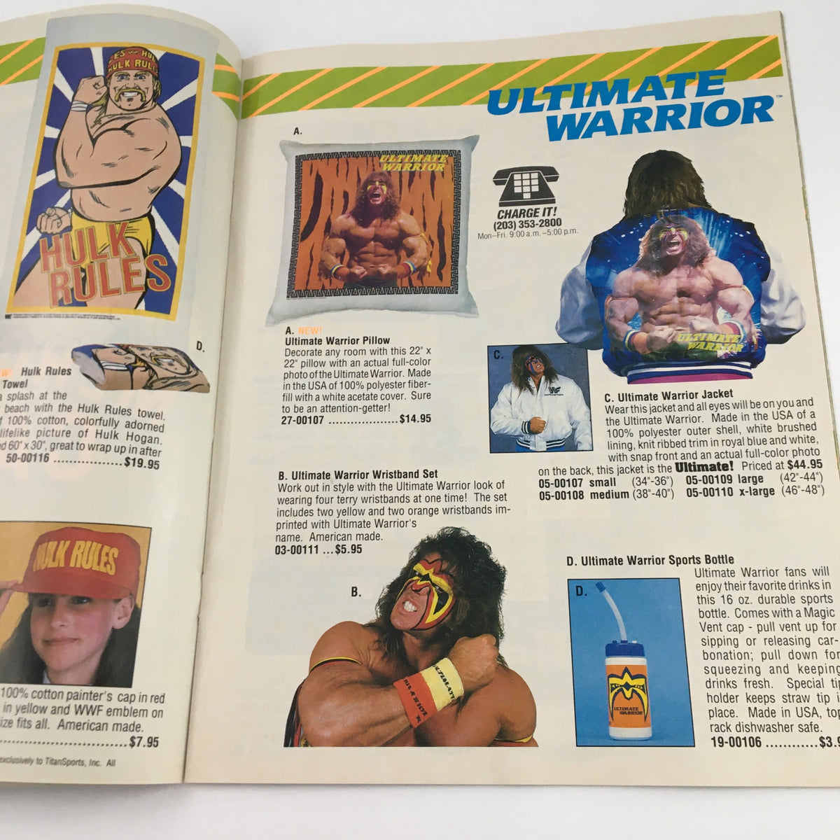 Merchandise advertisement in WWF Magazine April 1990 showcasing various Ultimate Warrior products including clothing and accessories for fans.