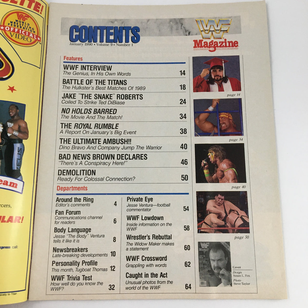 Table of contents from WWF Magazine January 1990, listing featured articles on wrestlers like Jake The Snake Roberts and topics on wrestling history.