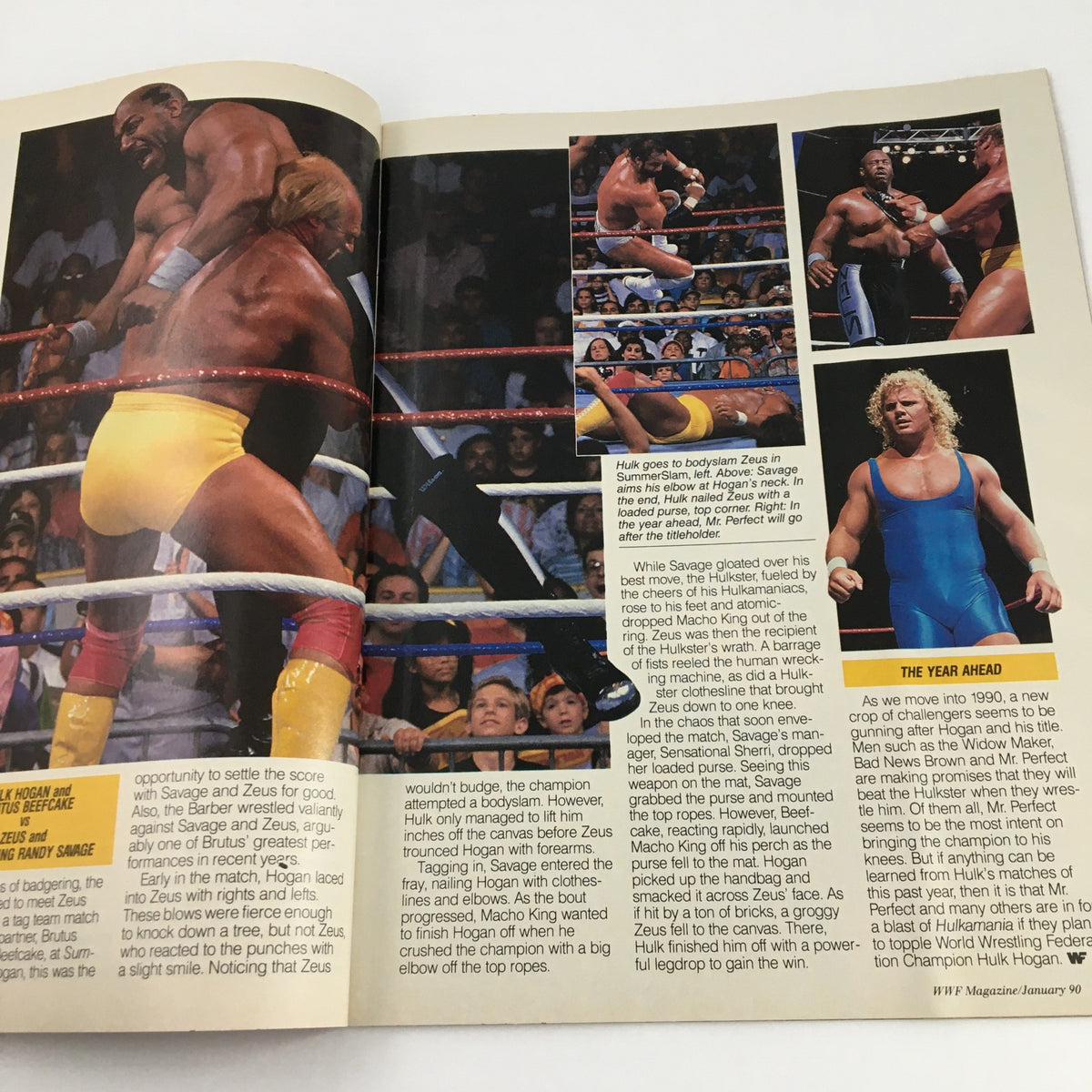 An interior page from WWF Magazine January 1990 showcasing action shots of Hulk Hogan in the ring against Zeus, capturing the excitement of professional wrestling.