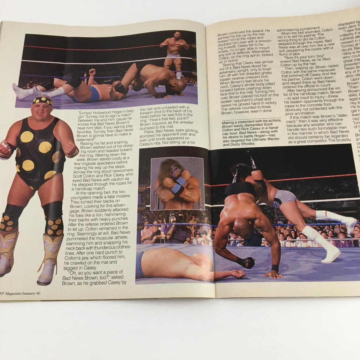 WWF Magazine January 1990 featuring wrestling action with wrestlers, showcasing Jake The Snake Roberts and Bad News Brown during a match. A glimpse into the captivating professional wrestling world of the late 1980s.