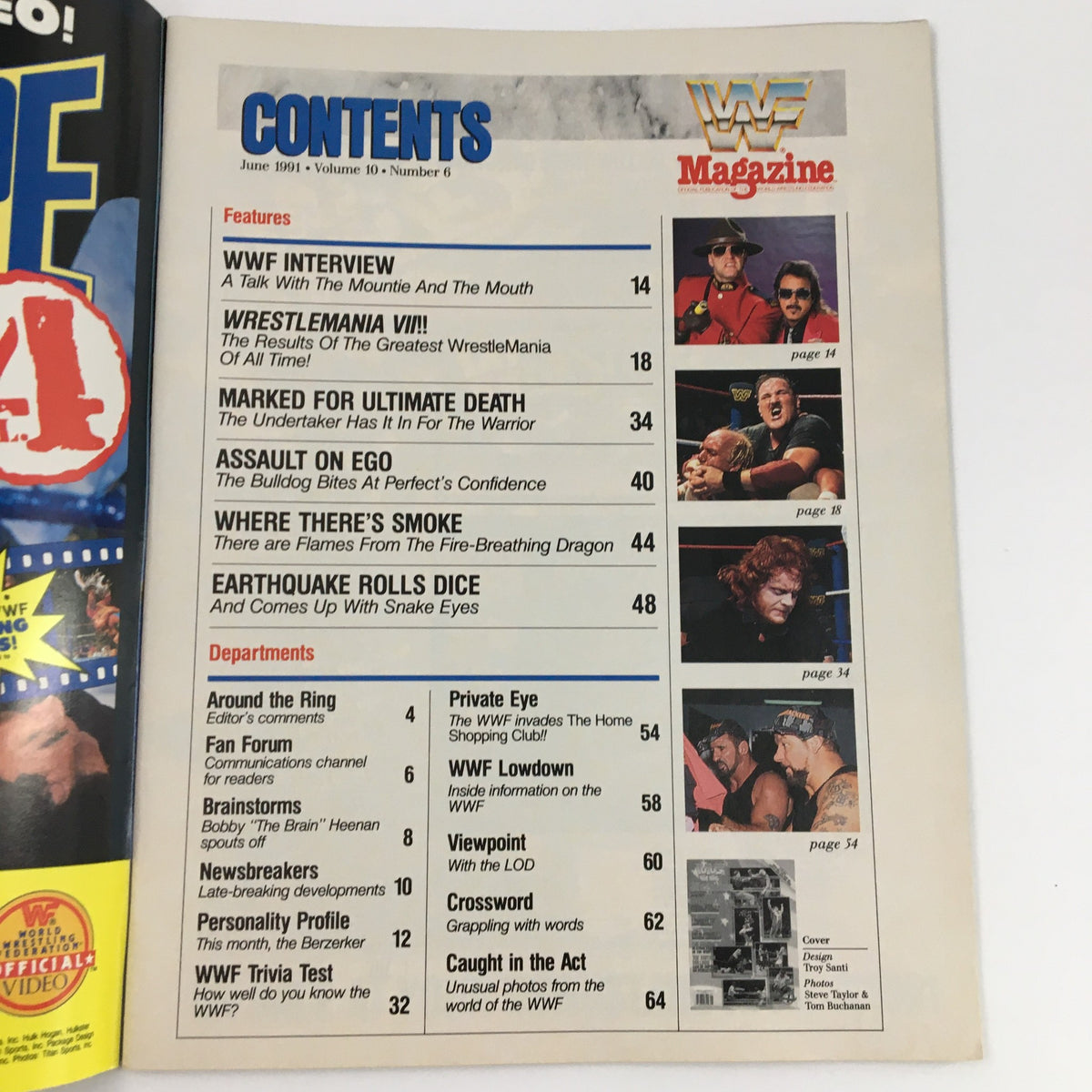 Contents page of WWF Magazine June 1991 detailing wrestling features and articles, including WrestleMania VII and interviews.